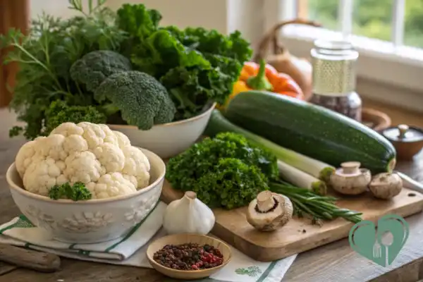 Low-carb vegetables for diabetic cooking - cauliflower, kale, zucchini, mushrooms, and fresh herbs on a wooden kitchen counter.