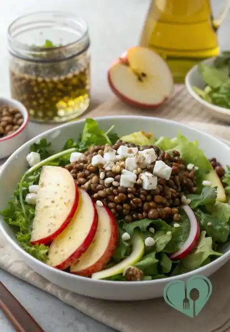 Fresh mixed greens salad topped with cooked lentils, sliced red apples, and crumbled feta, with dressing and apple slices in the background.