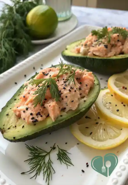 Salmon-Stuffed Avocado filled with creamy salmon salad, topped with fresh dill and black sesame seeds, served with lemon slices on a white plate.