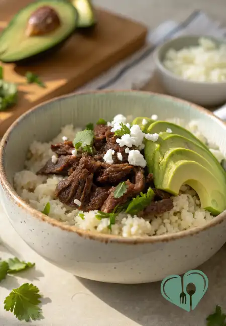 Bowl of slow cooker shredded beef served over cauliflower rice with sliced avocado and cilantro.