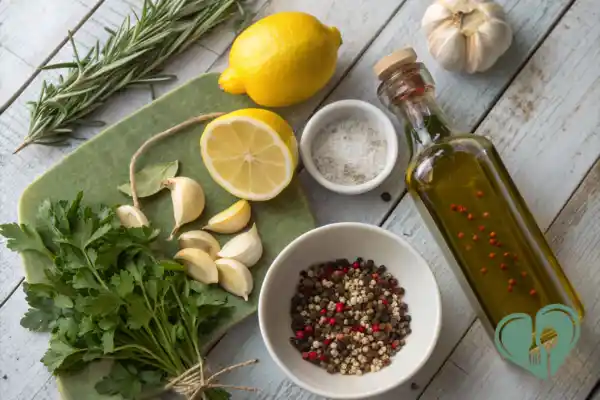 Low-sodium seasoning ingredients including herbs, garlic, lemon, pepper, and olive oil for kidney-friendly cooking.
