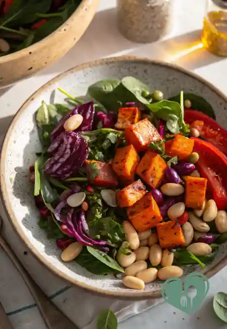 A colorful spinach salad with roasted sweet potato cubes, white beans, red cabbage, and fresh tomato slices served in a ceramic bowl.