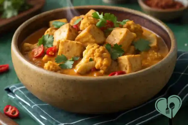 Low-carb tofu curry with cauliflower and chili, served in a rustic bowl - a warm, protein-rich vegetarian slow cooker meal for diabetics.