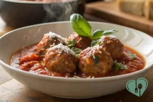 Low-carb turkey meatballs in tomato sauce topped with fresh basil and grated cheese