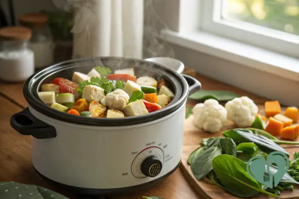 Slow cooker filled with colorful low-carb vegetables cauliflower, zucchini, spinach, and squash on a kitchen counter near natural window light.