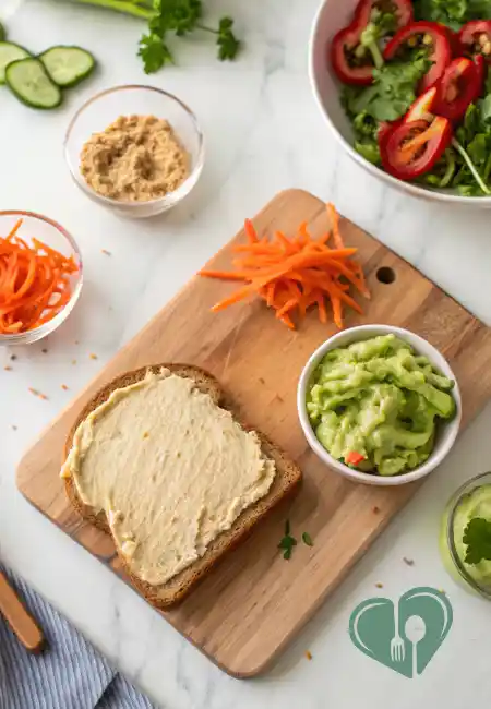Overhead view of a whole-grain bread slice spread with hummus on a wooden board, surrounded by shredded carrots, mashed avocado, sliced cucumbers, and a bowl of mixed greens.