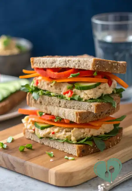 Fresh veggie and hummus sandwich stacked on a wooden board, filled with cucumber, carrots, red bell peppers, greens, and creamy hummus, with a glass of water in the background.