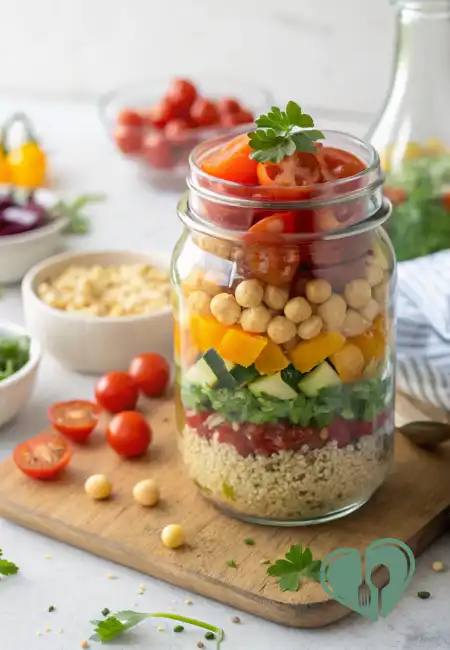 Layered chickpea quinoa salad jar with colorful vegetables in a mason jar on a wooden board, surrounded by fresh ingredients.