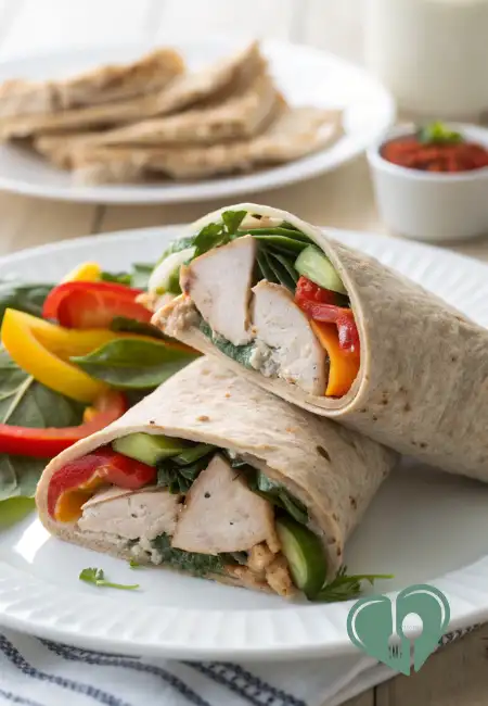 Turkey hummus wrap filled with lean chicken, spinach, cucumbers, and colorful bell peppers, served on a white plate with fresh vegetables.
