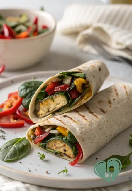 Grilled veggie hummus wrap sliced in half on a white plate, filled with colorful peppers, spinach, and zucchini, served with fresh basil and sliced red peppers.
