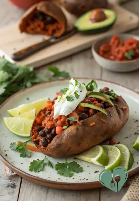 Baked sweet potato stuffed with black beans, salsa, avocado slices, and a dollop of Greek yogurt, served with lime wedges and fresh cilantro on a rustic plate.