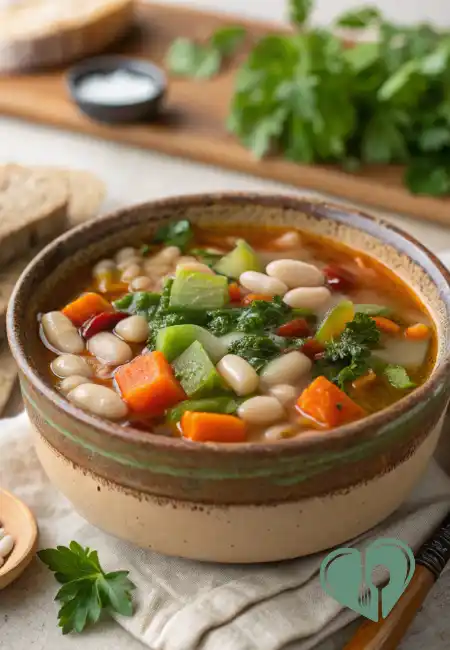 Close-up bowl of high-fiber vegetable and bean soup with white beans, carrots, celery, kale, and tomatoes in a warm broth.