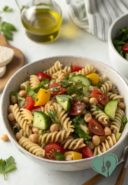 Overhead view of whole-wheat rotini pasta salad with chickpeas, tomatoes, cucumbers, peppers, and herbs in a white bowl on a clean, bright countertop.