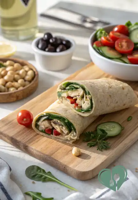 Mediterranean high-fiber chicken and vegetable wrap sliced on a wooden board, surrounded by fresh cucumbers, cherry tomatoes, chickpeas, and olives.