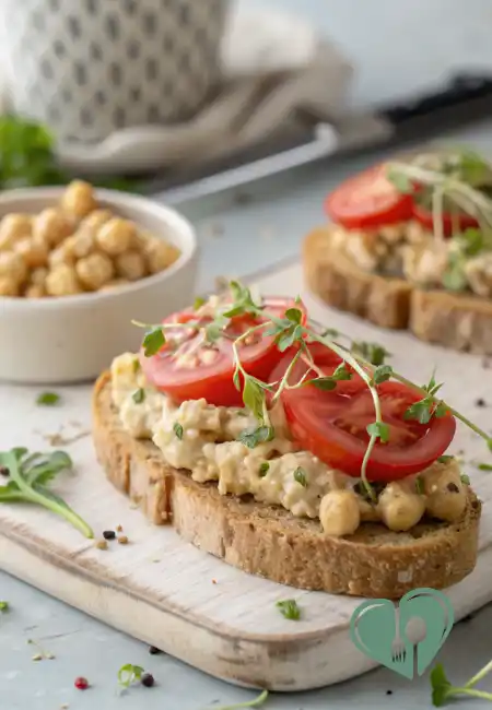 Open-face chickpea salad sandwich on whole-grain toast topped with tomato slices and microgreens, served on a rustic wooden board.