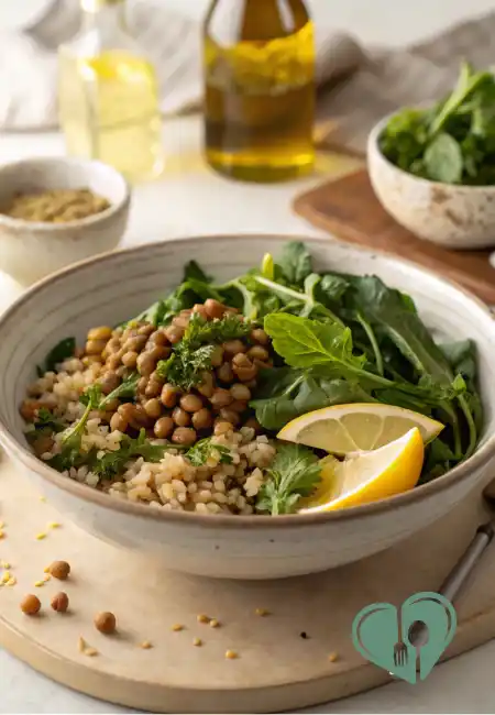 Grain-bean-greens bowl with brown rice, lentils, fresh leafy greens, and lemon slices on a ceramic plate