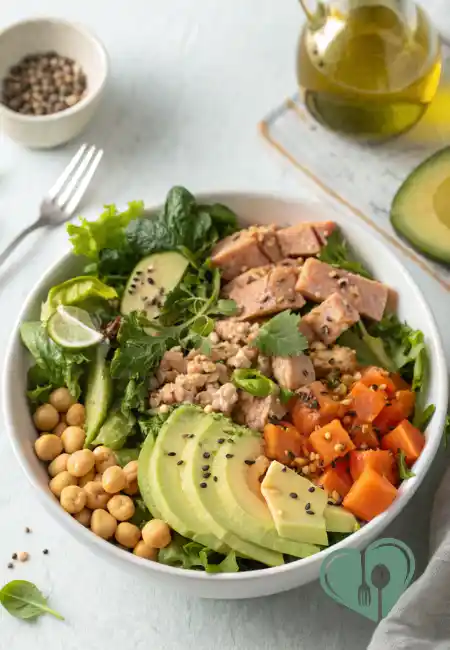 High-fiber tuna salad with avocado, chickpeas, greens, sweet potatoes, and herbs in a white bowl.