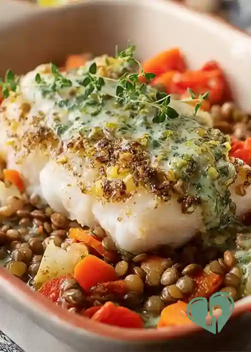 Close-up of baked cod on lentils with carrots, tomatoes, and herbs in a ceramic dish