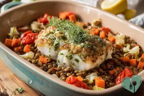 Baked Cod with Lentils & Steamed Veggies