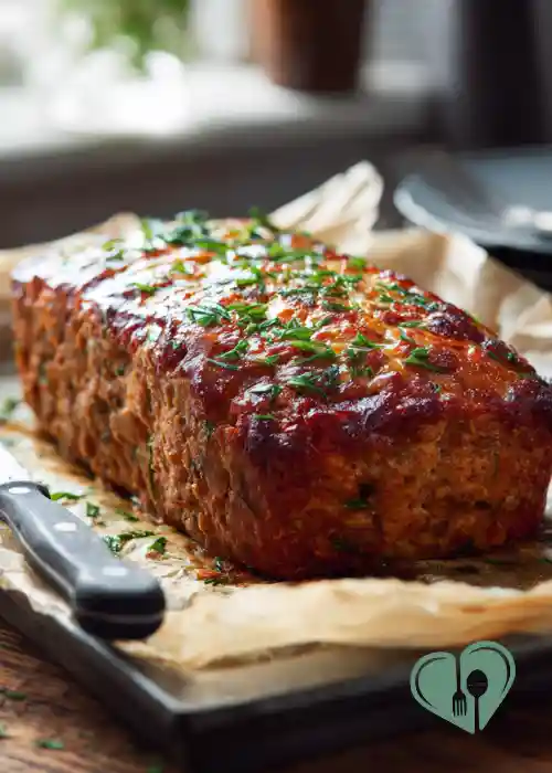 Whole baked turkey meatloaf with ketchup glaze and herbs on parchment