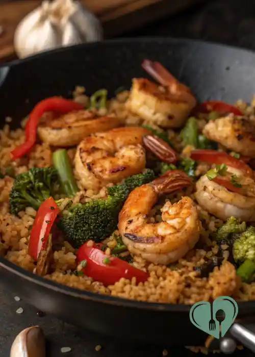 Shrimp cauliflower fried rice cooked in a pan with broccoli and red peppers