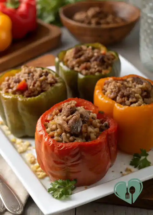 Stuffed bell peppers filled with ground beef and rice served on a white plate.