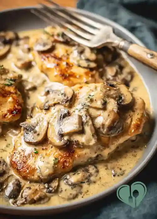 Creamy mushroom chicken in a skillet with golden chicken and sliced mushrooms in a light cream sauce