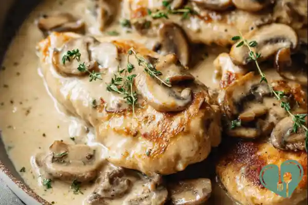 Creamy mushroom chicken cooked in a skillet with golden chicken and sliced mushrooms in a light cream sauce