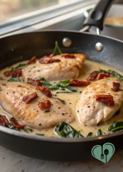 Creamy Tuscan chicken cooking in a skillet with spinach and sun dried tomatoes