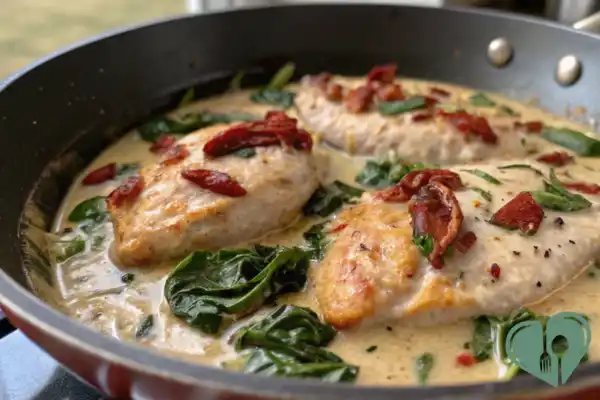 Creamy Tuscan chicken cooked in a skillet with spinach and sun dried tomatoes
