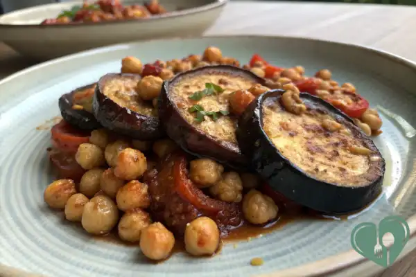 Plated eggplant chickpea skillet with roasted eggplant slices and chickpeas in tomato sauce