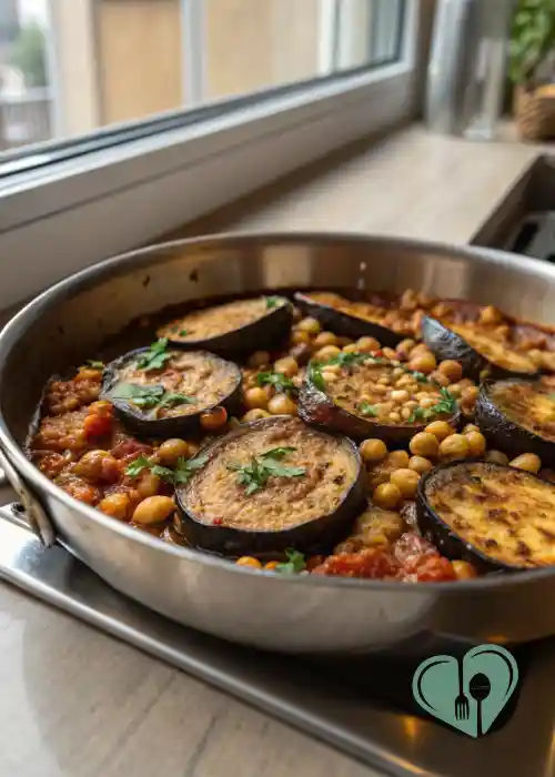 Eggplant chickpea skillet with roasted eggplant slices and chickpeas simmered in tomato sauce