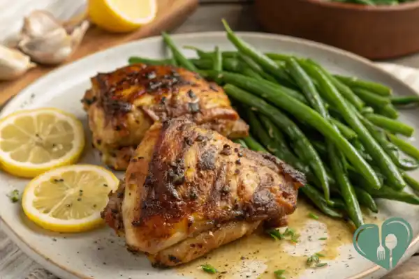 Garlic butter chicken thighs served on a plate with green beans and lemon slices.