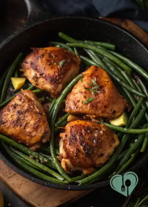 Garlic butter chicken thighs cooked in a skillet with green beans and lemon wedges.