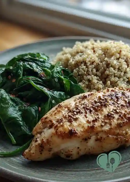 Grilled chicken breast with quinoa and sautéed spinach served on a gray plate