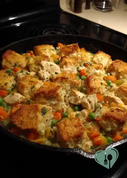 Healthy chicken pot pie skillet without crust, creamy chicken and vegetables cooked in a cast iron pan