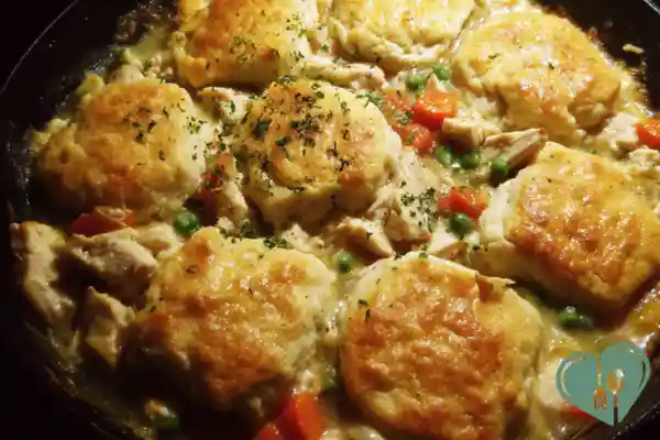 Healthy chicken pot pie skillet without crust, creamy chicken and vegetables topped with golden biscuits in a pan