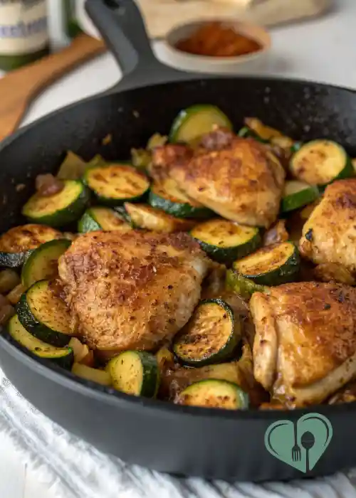 One pan chicken and zucchini cooking in a black skillet on the stove