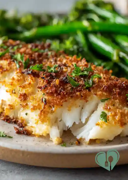 Oven baked parmesan crusted fish with a crispy golden topping and flaky white fish, garnished lightly and served with green vegetables.