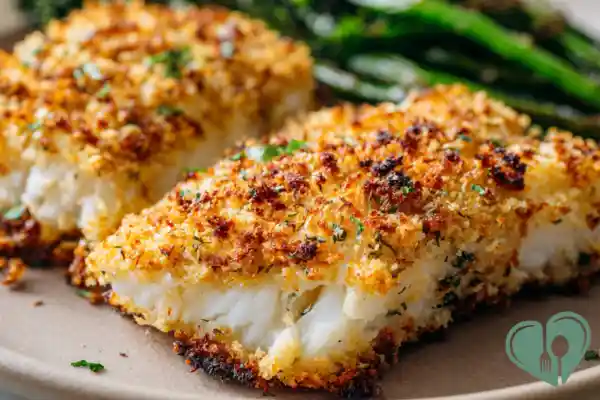 Oven baked parmesan crusted fish with a golden crispy topping, flaky white fish inside, served with roasted asparagus on a plate.