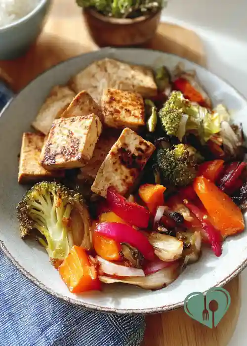 Pan seared tofu with roasted vegetables in a bowl, golden tofu cubes with broccoli, carrots, red onion, and bell peppers
