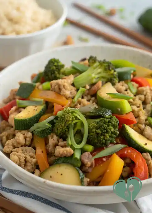 Turkey and vegetable stir fry with broccoli, zucchini, and bell peppers in a white bowl, rice in the background