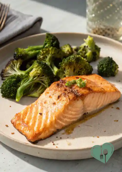 Baked salmon fillet with roasted broccoli served on a plate