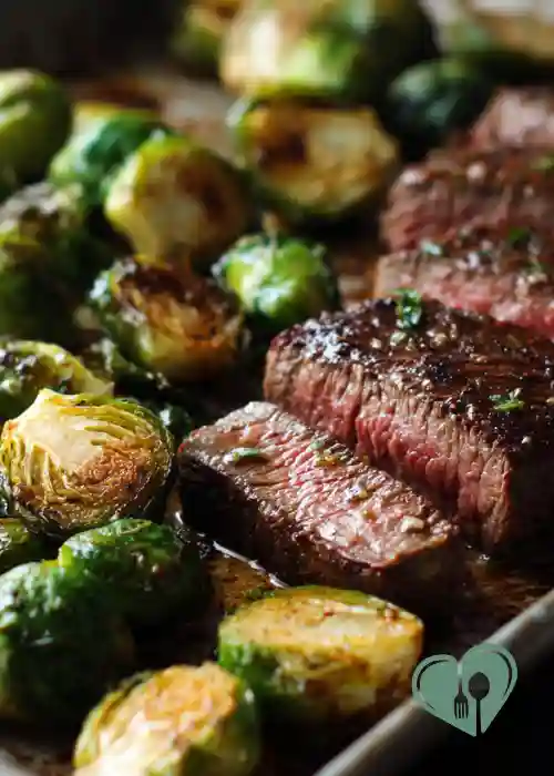 Sheet pan steak sliced with roasted Brussels sprouts, browned and crispy