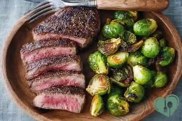 Sliced steak with roasted Brussels sprouts served in a wooden bowl