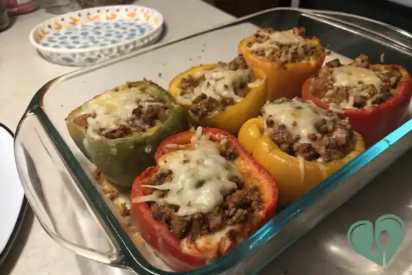 Baked stuffed bell peppers filled with ground beef and rice, topped with melted cheese in a glass baking dish.