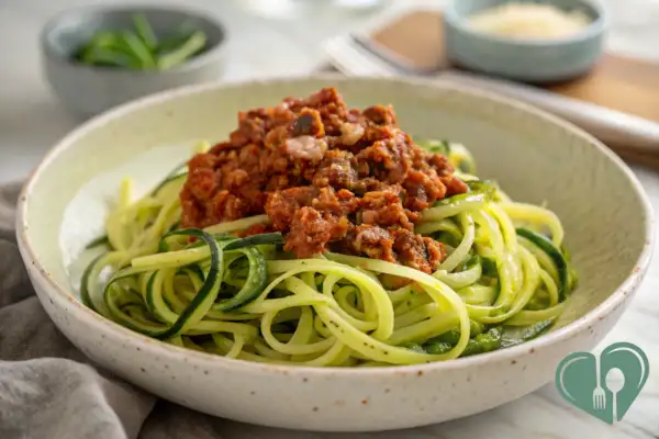 Zucchini noodles topped with turkey bolognese in a white bowl by a window
