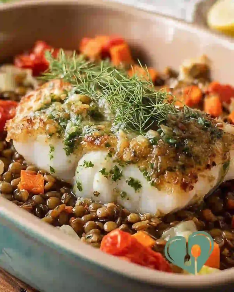 Baked cod with lentils and roasted vegetables in a baking dish