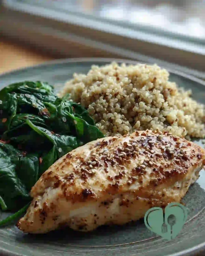 Grilled chicken breast with quinoa and sautéed spinach on a plate