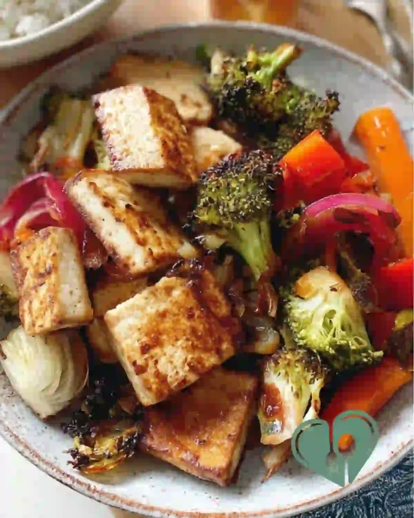 Pan seared tofu with roasted vegetables in a bowl